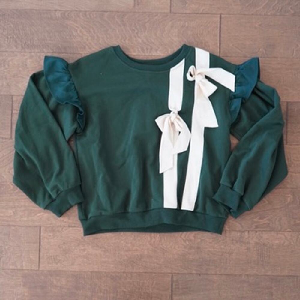 Voy Long Sleeve Pullover Ruffle Bow Tie Sweater Green Womens Size Small - Picture 2 of 5